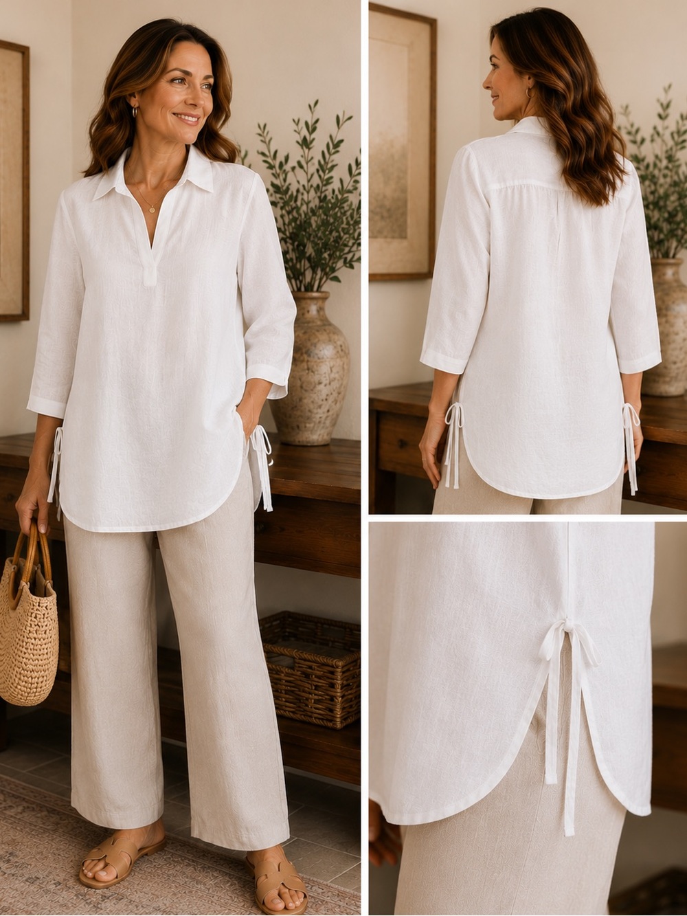 Sigrid Olsen White Linen Tunic | V-Neck Collared Side Tie | Quiet Coastal | M